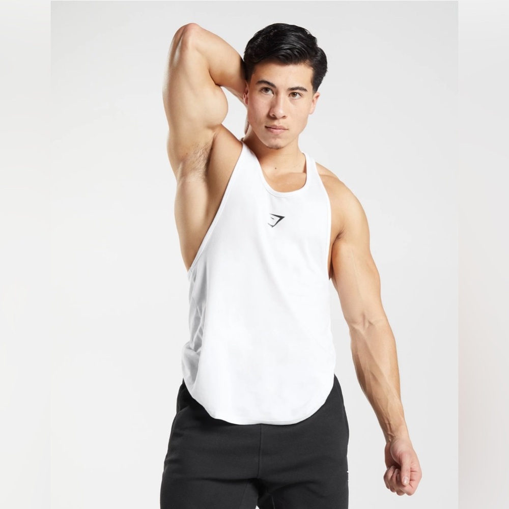 Gymshark men’s Stringer Tank Top Size Medium all white with black graphic